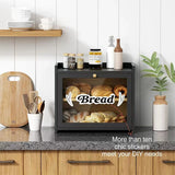 Kitchen countertop with three layers of water and fruit baskets, layered household storage, and display shelves for bread and vegetables