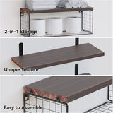 Rural style floating rack wall mounted wooden bathroom rack with paper storage basket, wooden partition suspended storage rack