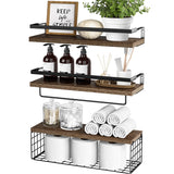 Rural style floating rack wall mounted wooden bathroom rack with paper storage basket, wooden partition suspended storage rack