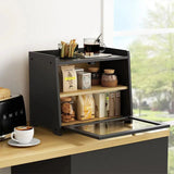 Kitchen countertop with three layers of water and fruit baskets, layered household storage, and display shelves for bread and vegetables