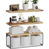 Rural style floating rack wall mounted wooden bathroom rack with paper storage basket, wooden partition suspended storage rack