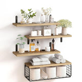 Rural style floating rack wall mounted wooden bathroom rack with paper storage basket, wooden partition suspended storage rack