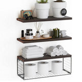 Rural style floating rack wall mounted wooden bathroom rack with paper storage basket, wooden partition suspended storage rack