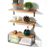 Rural style floating rack wall mounted wooden bathroom rack with paper storage basket, wooden partition suspended storage rack